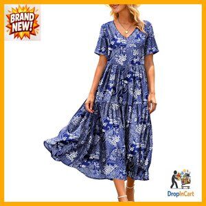 Summer Maxi Dress Casual Floral Boho Swing V Neck with Pockets